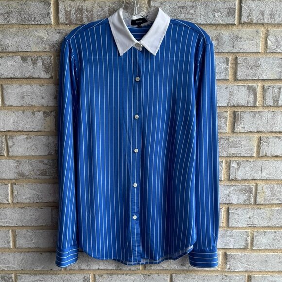 Theory Long Sleeve Button Up Blue/White Striped Stretchy Shirt Women's Size M - Picture 1 of 9